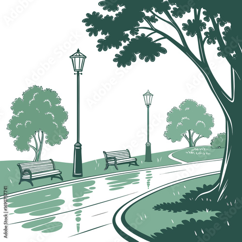Serene park pathway with benches and lampposts after rain reflecting on wet pavement