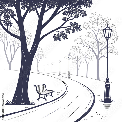 Serene park pathway with a solitary bench and vintage lampposts under a large tree
