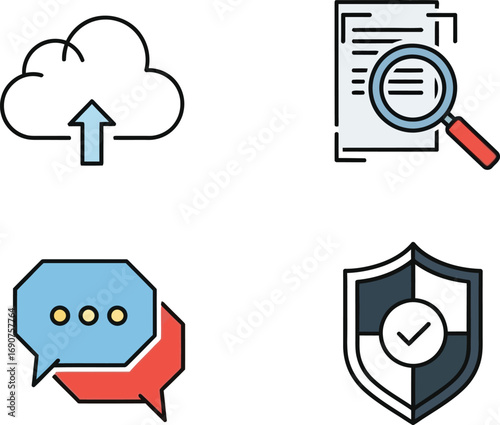 Four icons representing information security data analysis communication and protection vector