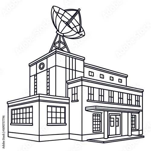 Stylized line drawing of a modern communication building with a large satellite dish on top