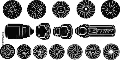 Jet Engine and Turbine Blade Line Icons – Aerospace Components, Compressor Sections, Combustion Chambers, Engineering Diagram Vector Collection
