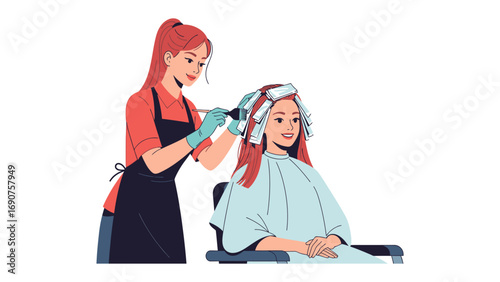 Young woman with red hair receiving professional hair coloring treatment with foils at a beauty salon by a stylist