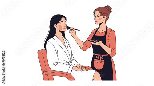 Professional makeup artist applying cosmetic powder to a young woman s face in a bright modern beauty salon setting