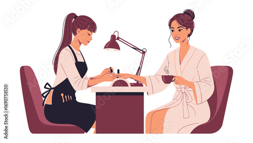 Professional manicurist carefully applying polish to a client s nails while the client relaxes in a robe enjoying a beverage