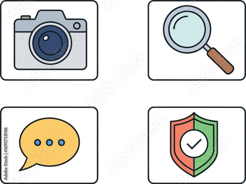 Set of four simple colorful icons representing camera search message and security for digital interfaces vector