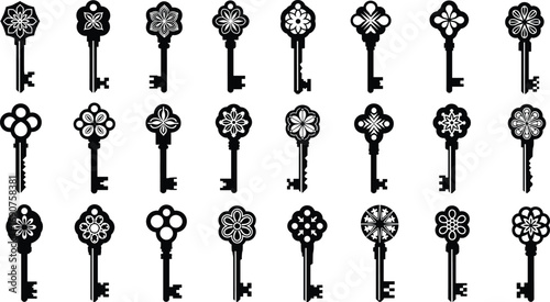 Vintage Key Line Icons – Ornate Tops, Floral Patterns, Geometric Motifs, Antique Style, Decorative Lock Symbols Vector Collection