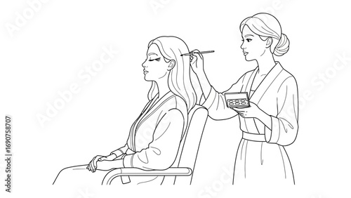 Stylist applying makeup to a woman sitting in a chair with a brush and palette in a clean line art illustration