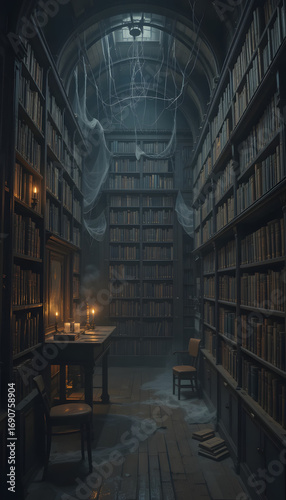 Old library with bookshelves and cobwebs creating a mysterious and spooky atmosphere