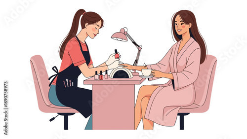 Professional manicurist applying nail polish to a client s hand in a brightly lit salon setting