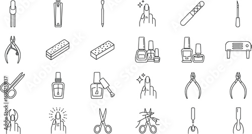 Line icon set of nail care tools, manicure accessories, polish bottles, scissors, buffers, UV lamp, grooming symbols, beauty essentials