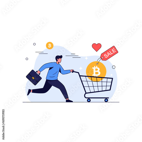 Energetic individual rushes toward a shopping cart filled with cryptocurrency coins during a digital financial transaction opportunity