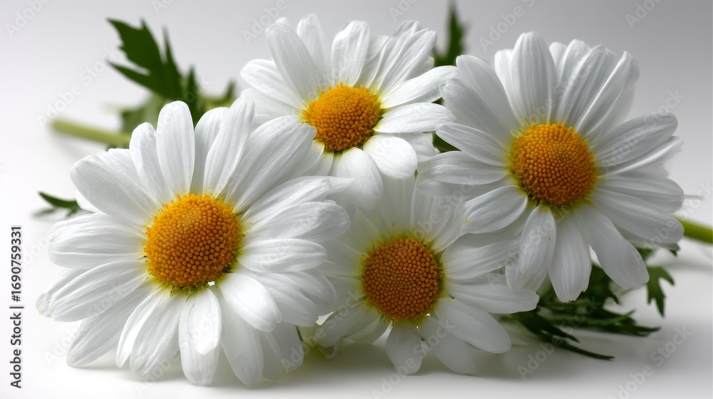 Obraz premium Vibrant chamomile blossoms closeup with delicate white petals and bright yellow centers, natural remedy theme, highangle shot with clean white background and ample copy space on the left