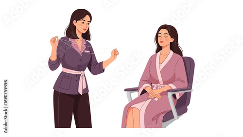 A professional makeup artist demonstrating a beauty technique to a client sitting in a chair during a consultation