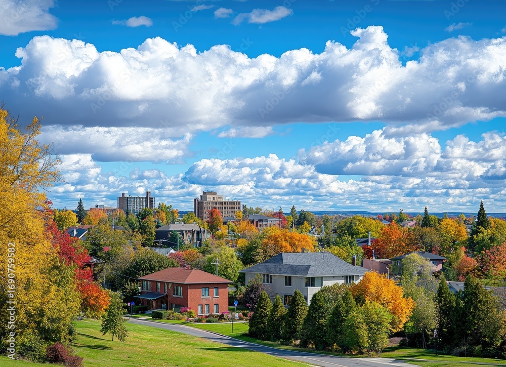 Obraz premium Suburban autumn landscape with colorful trees, houses, and a city skyline under a bright blue sky with fluffy clouds.