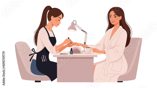 Professional manicurist applying nail polish to a client s hand at a beauty salon table with lamp