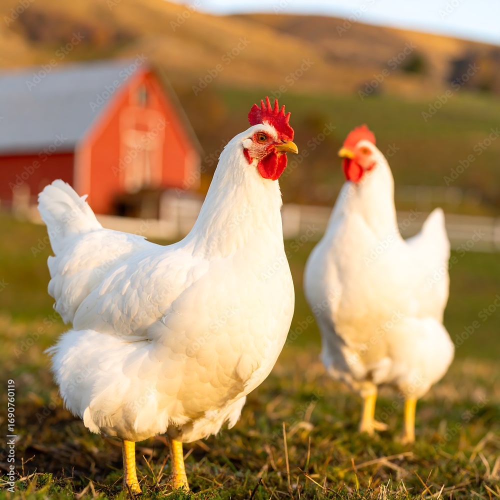 Fototapeta premium Two white chickens in a field with a red barn in the background