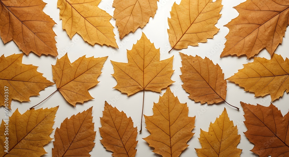 Fototapeta premium Autumn Leaves Pattern Background. Dried fall foliage in warm brown and orange tones scattered on a light surface, natural texture.