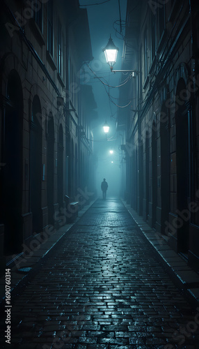 Solitary figure walking down a foggy cobblestone street at night in a city alley