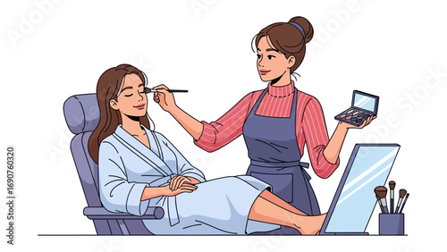 Professional makeup artist applying cosmetic makeup to a woman sitting in a chair with a mirror and makeup tools