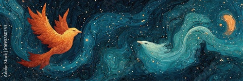Two birds, orange and white, fly in a swirling, starry night sky