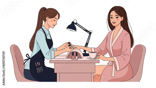 Professional manicurist carefully applying nail polish to a client s hand at a salon table with a desk lamp