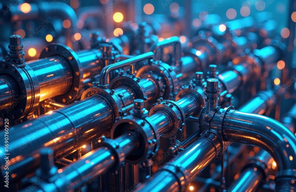 Fototapeta premium Industrial pipes and valves system with metallic finish and warm lighting effects