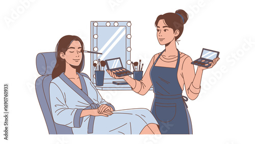 Professional makeup artist applying cosmetics to a seated woman in a salon with a mirror and beauty tools