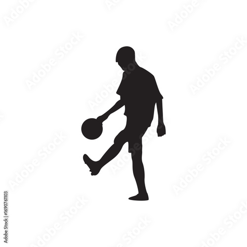 Juggling soccer player silhouette. Player juggling the ball with foot, energetic football vector.