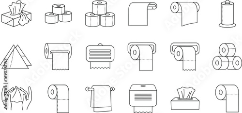 Line icon set of toilet paper and tissue products including rolls, dispensers, napkins, holders, hygiene symbols, bathroom essentials