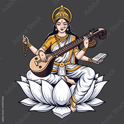 Illustration of goddess Saraswati sitting on a lotus
