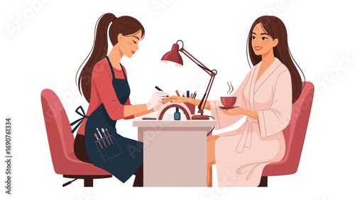 Professional manicurist carefully applying nail polish to a client s hand in a bright salon setting with a lamp illuminating the workspace