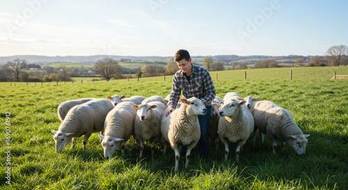 Young Farmer Gently Touches Sheep in Lush Green Pasture