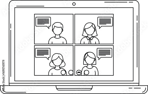 Video conference vector illustration — laptop screen with four participants, speech bubbles, remote communication, online meeting, and virtual collaboration concept