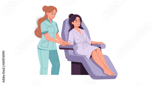 Caring nurse assisting a patient sitting in a comfortable recliner chair in a medical examination room