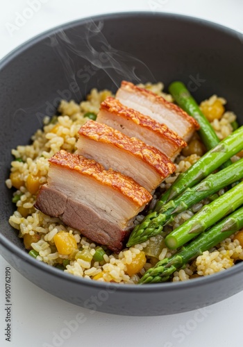 Crispy Pork Belly with Asparagus and Pearl Barley