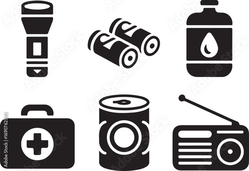 Icons of Emergency Preparedness and Survival Gear on White Background Keywords: flashlight