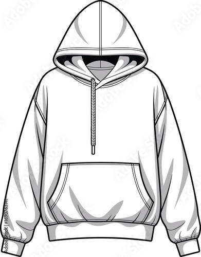 CAD drawing flat vector illustration of unisex hoodie, fashion sketch, casual pullover sweatshirt design, technical garment template, streetwear style
