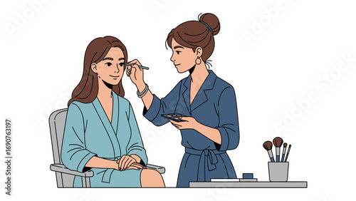 Professional makeup artist applying cosmetics to a young woman s face with brushes and palette in a beauty salon setting