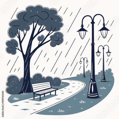 Vector art of rainy day scene with trees, lampposts, and a bench, creating a serene and melancholic atmosphere the illustration evokes a sense of tranquility