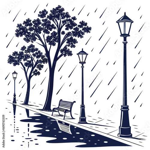 Vector art of rainy day scene with trees, lampposts, and a bench, creating a serene and melancholic atmosphere the illustration evokes a sense of tranquility