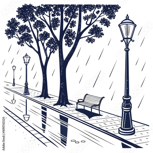 Vector art of rainy day scene with trees, lampposts, and a bench, creating a serene and melancholic atmosphere the illustration evokes a sense of tranquility