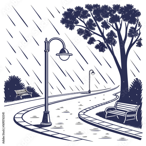 Vector art of rainy day in the park a tranquil scene with vintage street lamps and benches along a winding path, capturing the essence of a peaceful, rainy afternoon