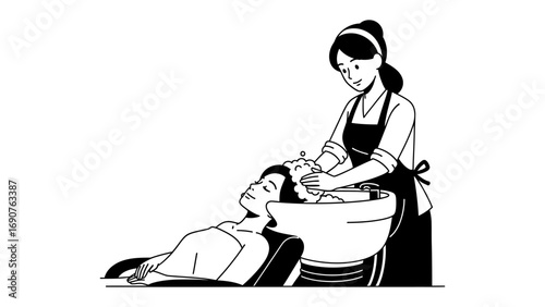 Vintage illustration of a woman in an apron washing a child s hair over a basin in a stylized black and white drawing