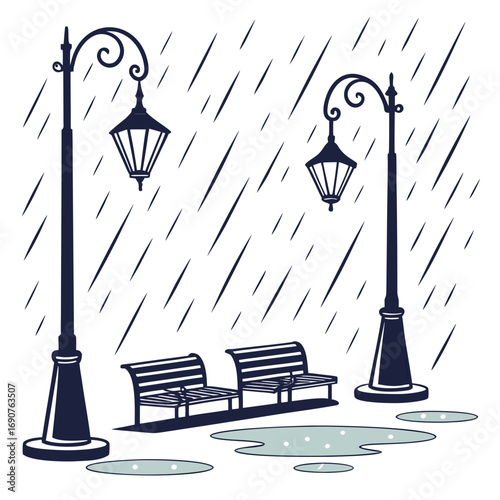 Vector art of rainy day scene with benches and streetlights a serene vector illustration capturing the essence of a quiet, rainy day in a park or city street