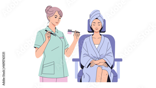 Professional makeup artist applying cosmetics to a client wearing a bathrobe and towel after a spa treatment