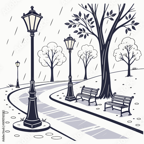 Vector art of rainy day in the park with benches and street lights a peaceful scene with trees and a winding path, perfect for a relaxing stroll in the rain