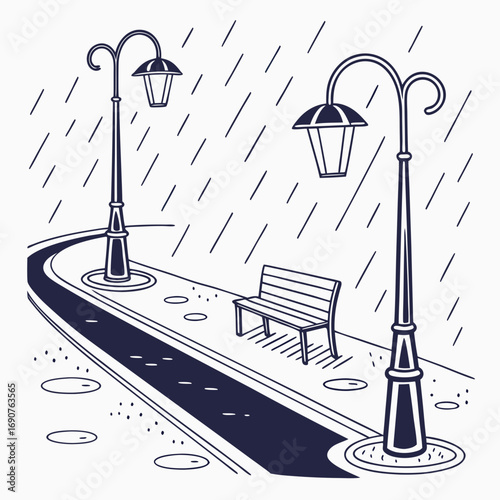 Vector art of rainy day in the park with street lights and a bench a peaceful scene with a winding path, perfect for a relaxing stroll in the rain