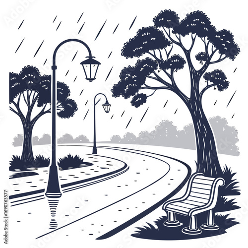 Vector art of rainy day in the park with a bench and street lights a peaceful scene with trees and a winding path, perfect for a relaxing stroll in the rain