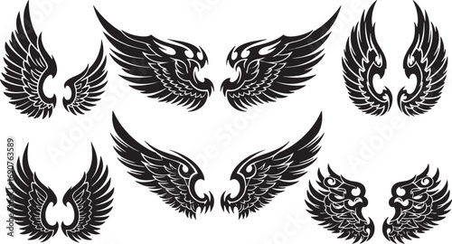 A dynamic collection of stylized wing illustrations, presented in a striking black and white aesthetic, ideal for graphic design projects, spiritual symbolism, or as unique decorative elements