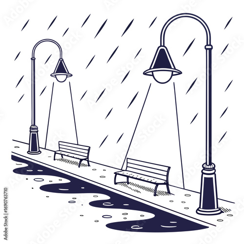 Vector art of rainy street illustration showcasing vintage streetlights illuminating park benches along a wet path, creating a peaceful and nostalgic atmosphere in the urban landscape